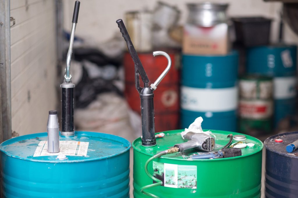 Service station. Oil Barrel for car engine.